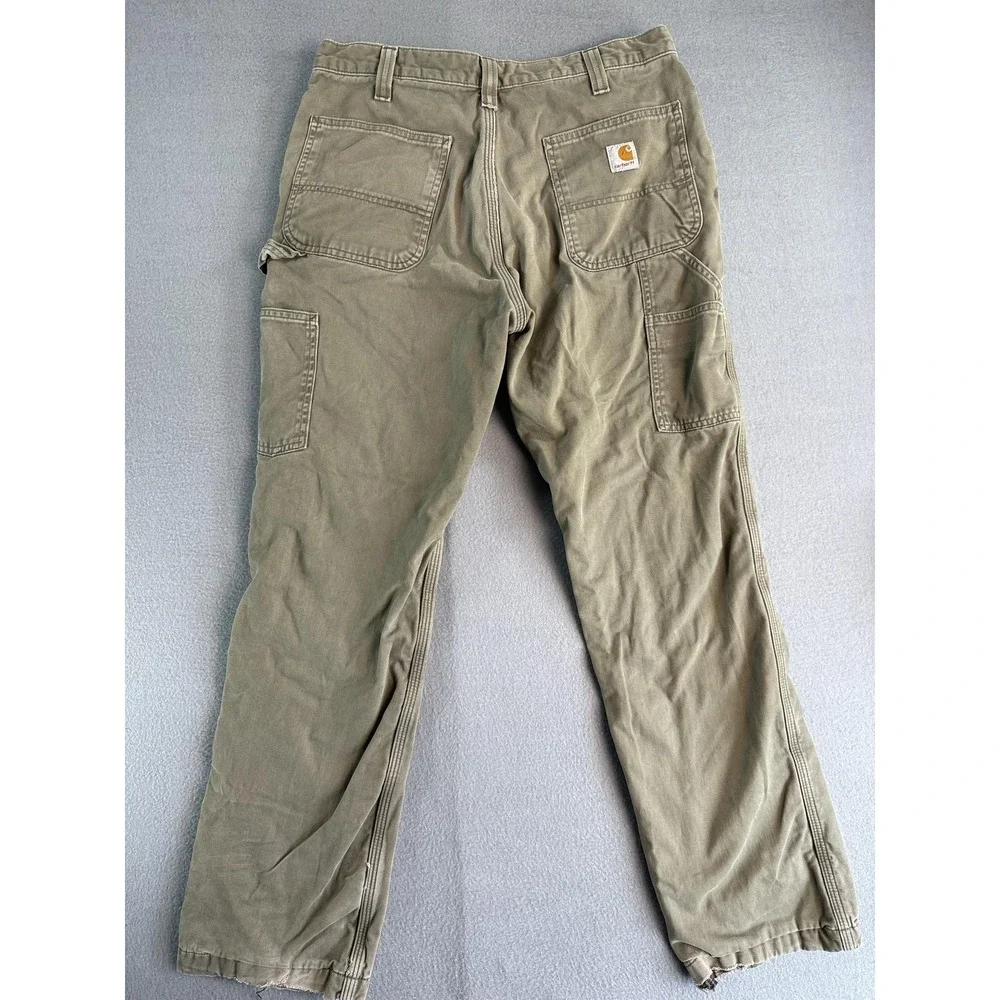 Carhartt Pants Mens 34x32 Green Relaxed Fit Flannel Lined Carpenter Workwear